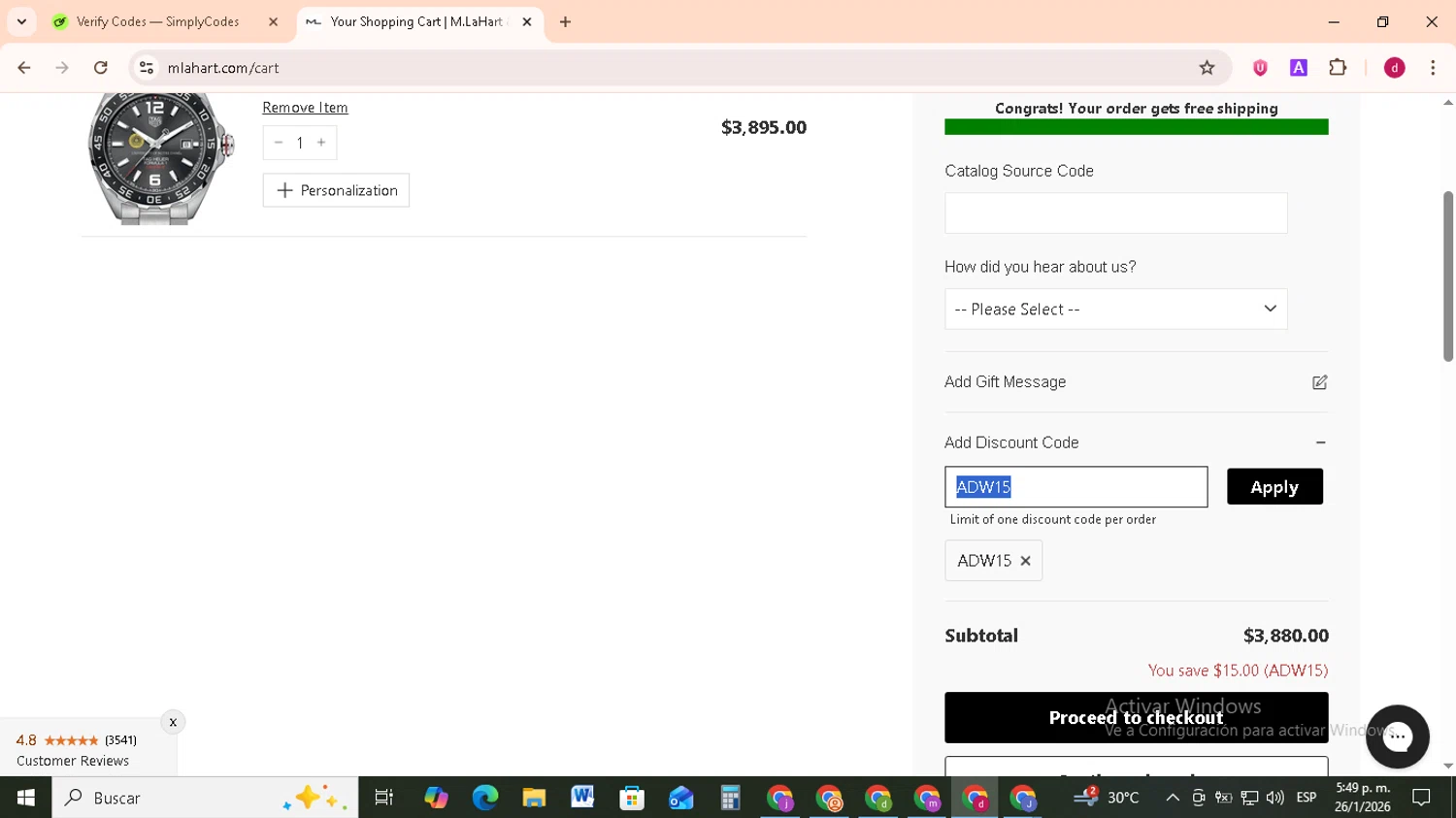 M.LaHart promo code screenshot showing code ADW15 applied at M.LaHart checkout page. Uploaded by SimplyCodes community member FrugalMonarch7277 on Jan 26, 2026