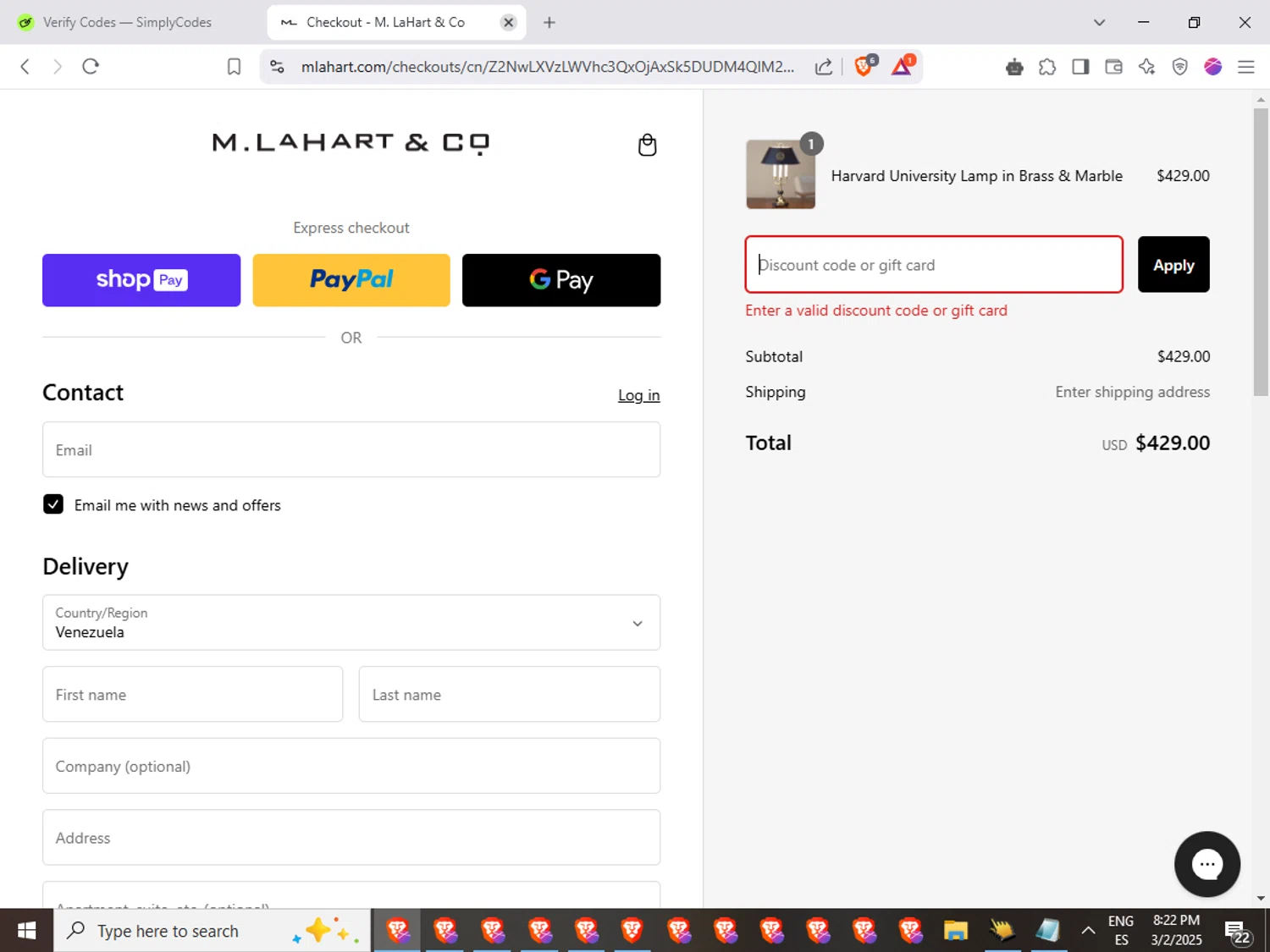 M.LaHart promo code screenshot showing code GRAD50 applied at M.LaHart checkout page. Uploaded by SimplyCodes community member GoldGuardian667 on Mar 3, 2025