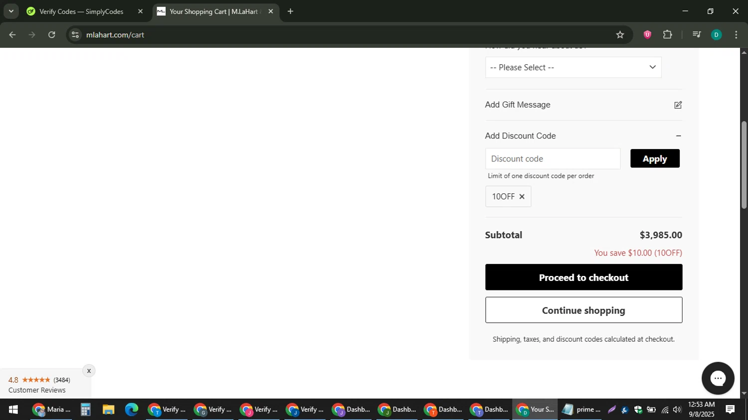 M.LaHart promo code screenshot showing code 10OFF applied at M.LaHart checkout page. Uploaded by SimplyCodes community member ThriftyLion6776 on Sep 8, 2025