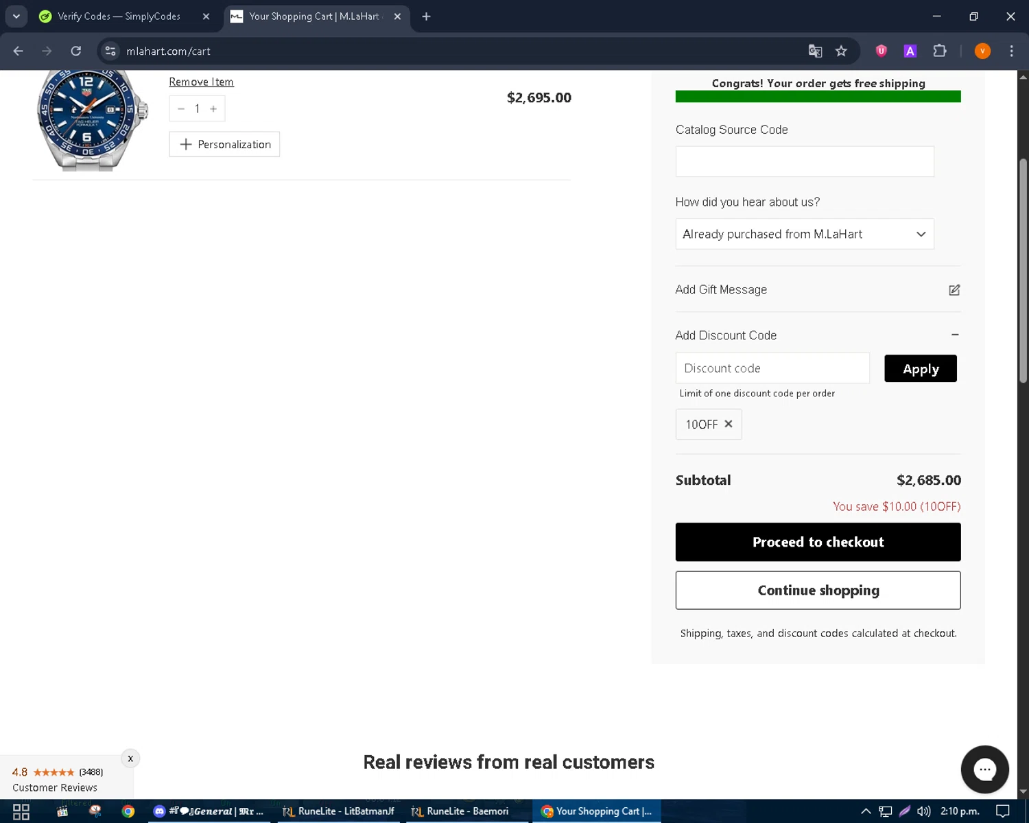 M.LaHart promo code screenshot showing code 10OFF applied at M.LaHart checkout page. Uploaded by SimplyCodes community member bulbasaur69 on Sep 20, 2025