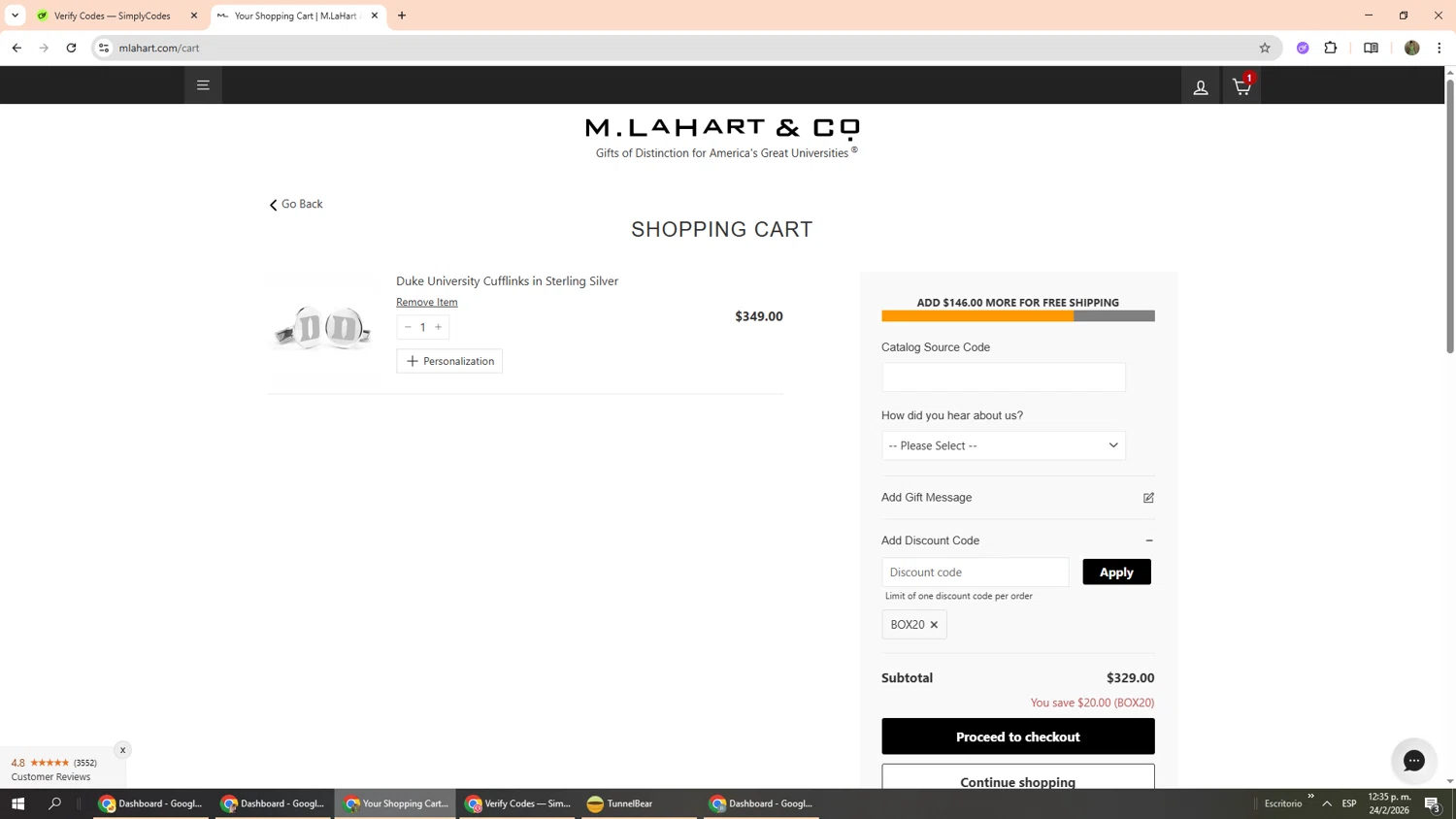 M.LaHart promo code screenshot showing code BOX20 applied at M.LaHart checkout page. Uploaded by SimplyCodes community member Phoenix585 on Feb 24, 2026