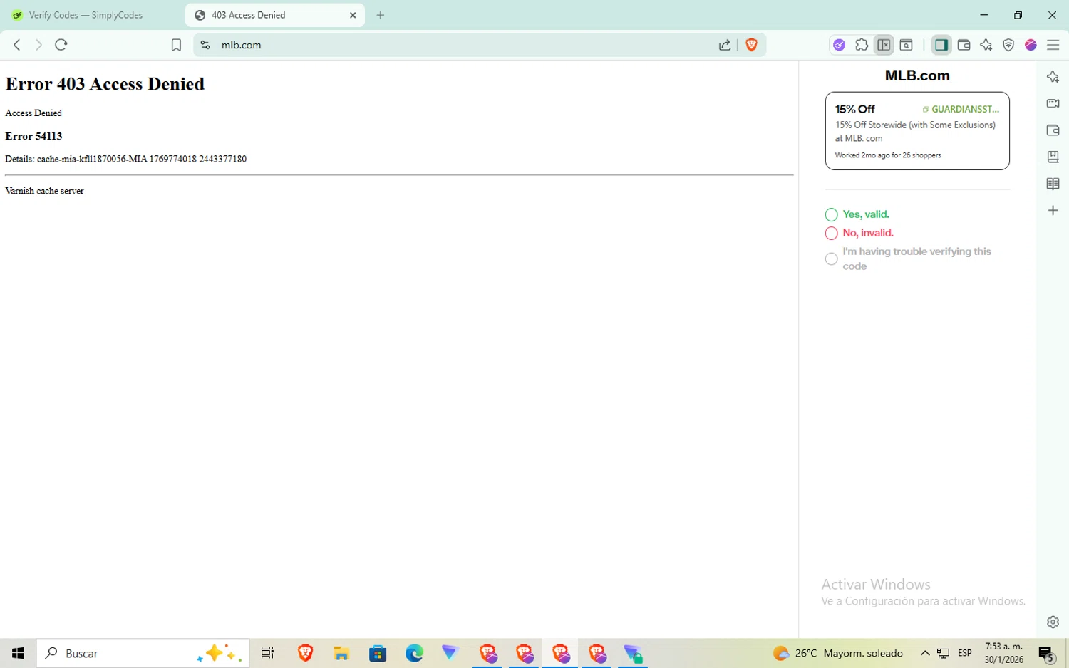MLB.com promo code screenshot showing code GUARDIANSSTM25 applied at MLB.com checkout page. Uploaded by SimplyCodes community member aaaaaaaaaaaaaaa on Jan 30, 2026