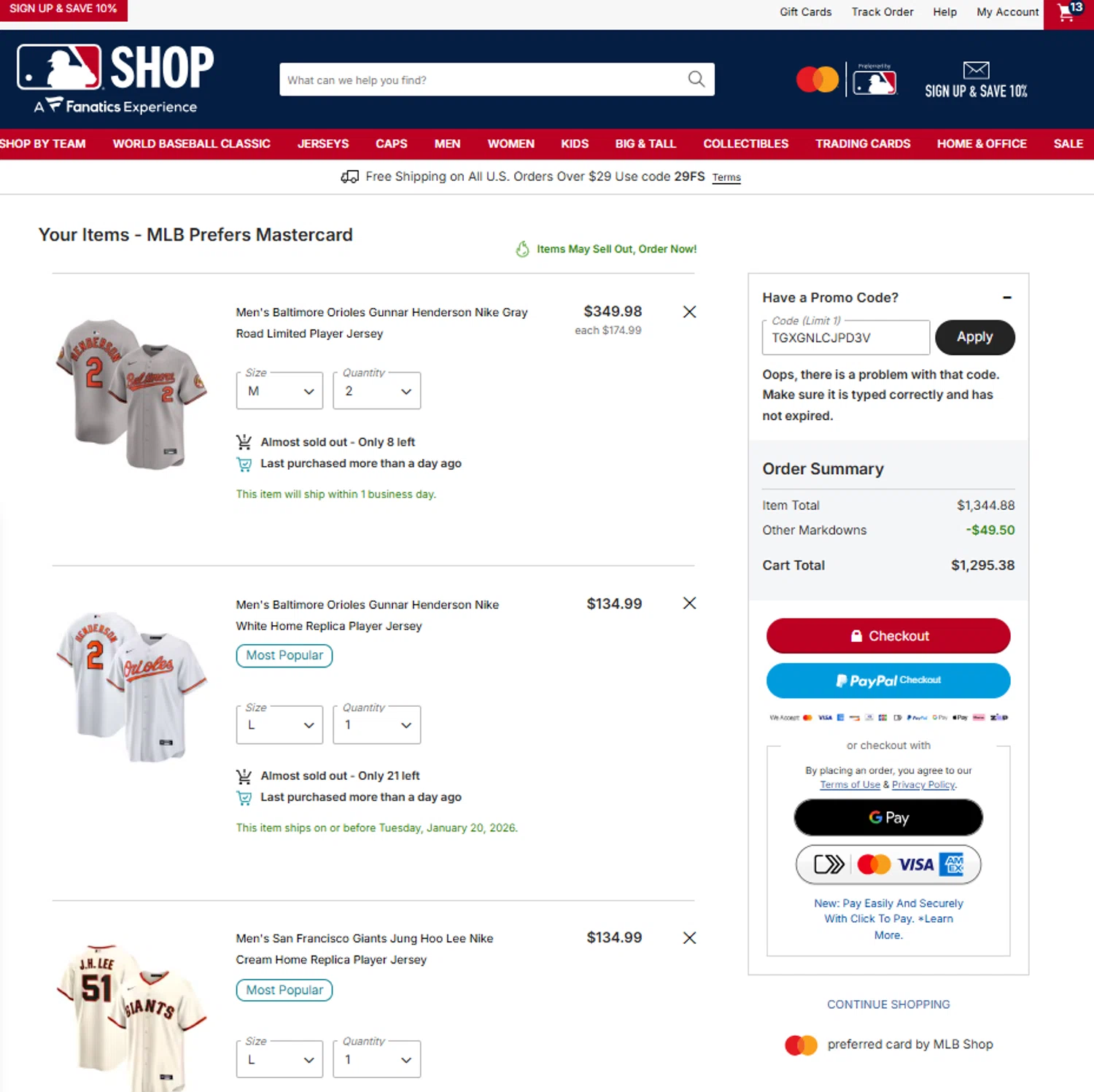 MLB.com promo code screenshot showing code TGXGNLCJPD3V applied at MLB.com checkout page. Uploaded by SimplyCodes community member reggiesmith on Jan 17, 2026