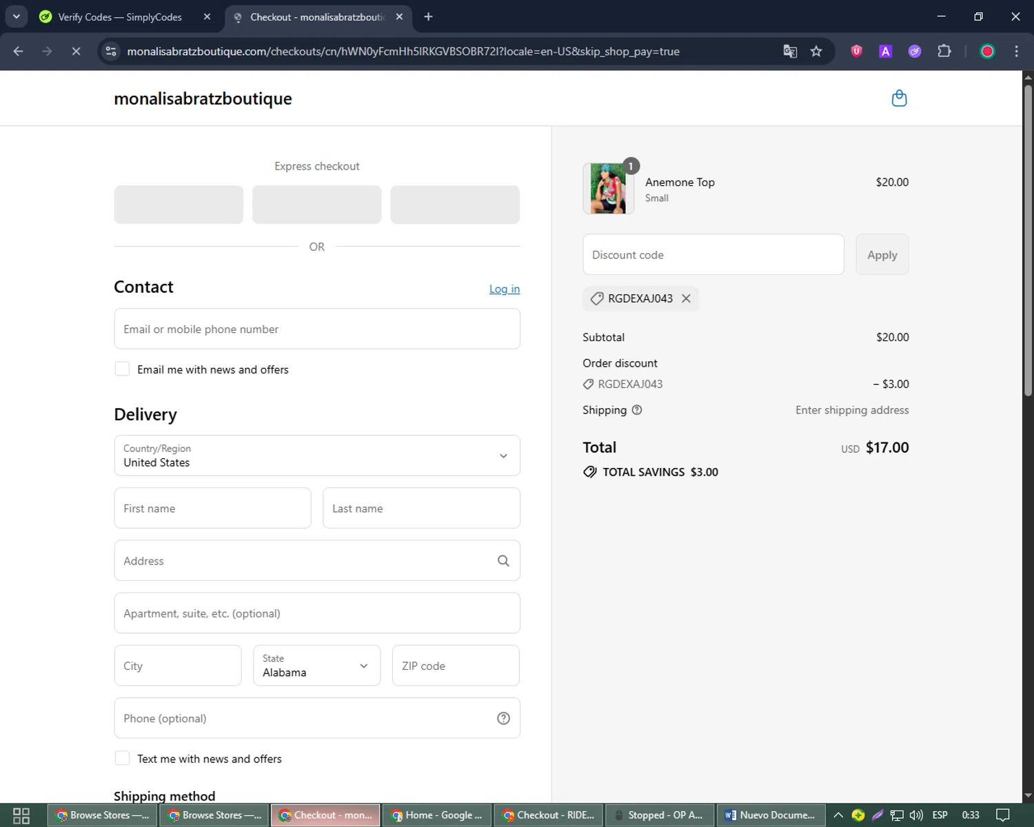 Monalisa Bratz Boutique promo code screenshot showing code RGDEXAJ043 applied at Monalisa Bratz Boutique checkout page. Uploaded by SimplyCodes community member Joseph_Davis on Jul 23, 2025