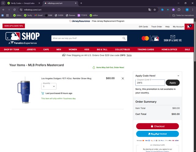 MLBshop.com checkout page showing MLBshop.com coupon code box | Screenshot taken by SimplyCodes community member on Aug 28, 2025
