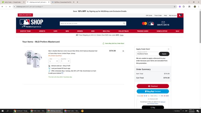 MLBshop.com checkout page showing MLBshop.com coupon code box | Screenshot taken by SimplyCodes community member on Aug 25, 2025