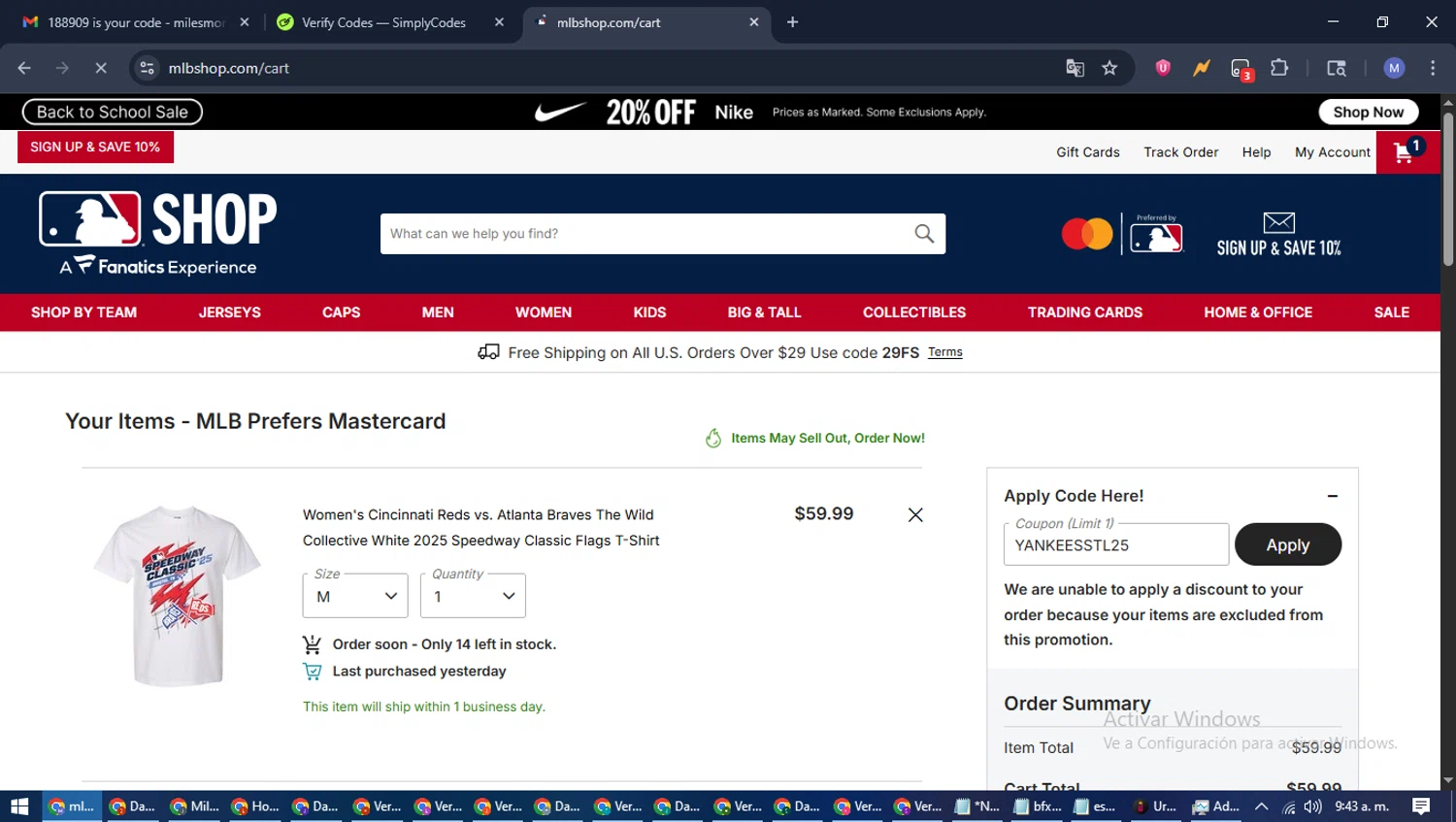 MLBshop.com coupon code screenshot showing code YANKEESSTL25 applied at MLBshop.com checkout page. Uploaded by SimplyCodes community member PrimeFox5260 on Aug 1, 2025