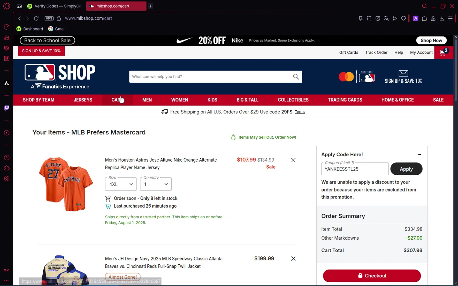 MLBshop.com coupon code screenshot showing code YANKEESSTL25 applied at MLBshop.com checkout page. Uploaded by SimplyCodes community member ShrewdPioneer2612 on Aug 1, 2025