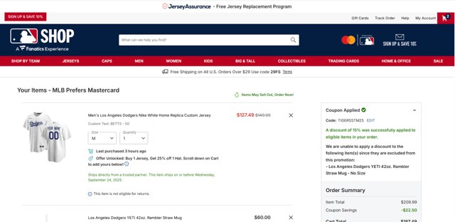 MLBshop.com checkout page showing MLBshop.com coupon code box | Screenshot taken by SimplyCodes community member on Aug 23, 2025