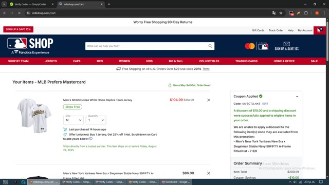 MLBshop.com checkout page showing MLBshop.com coupon code box | Screenshot taken by SimplyCodes community member on Aug 22, 2025