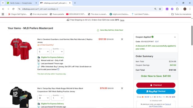 MLBshop.com checkout page showing MLBshop.com coupon code box | Screenshot taken by SimplyCodes community member on Aug 28, 2025
