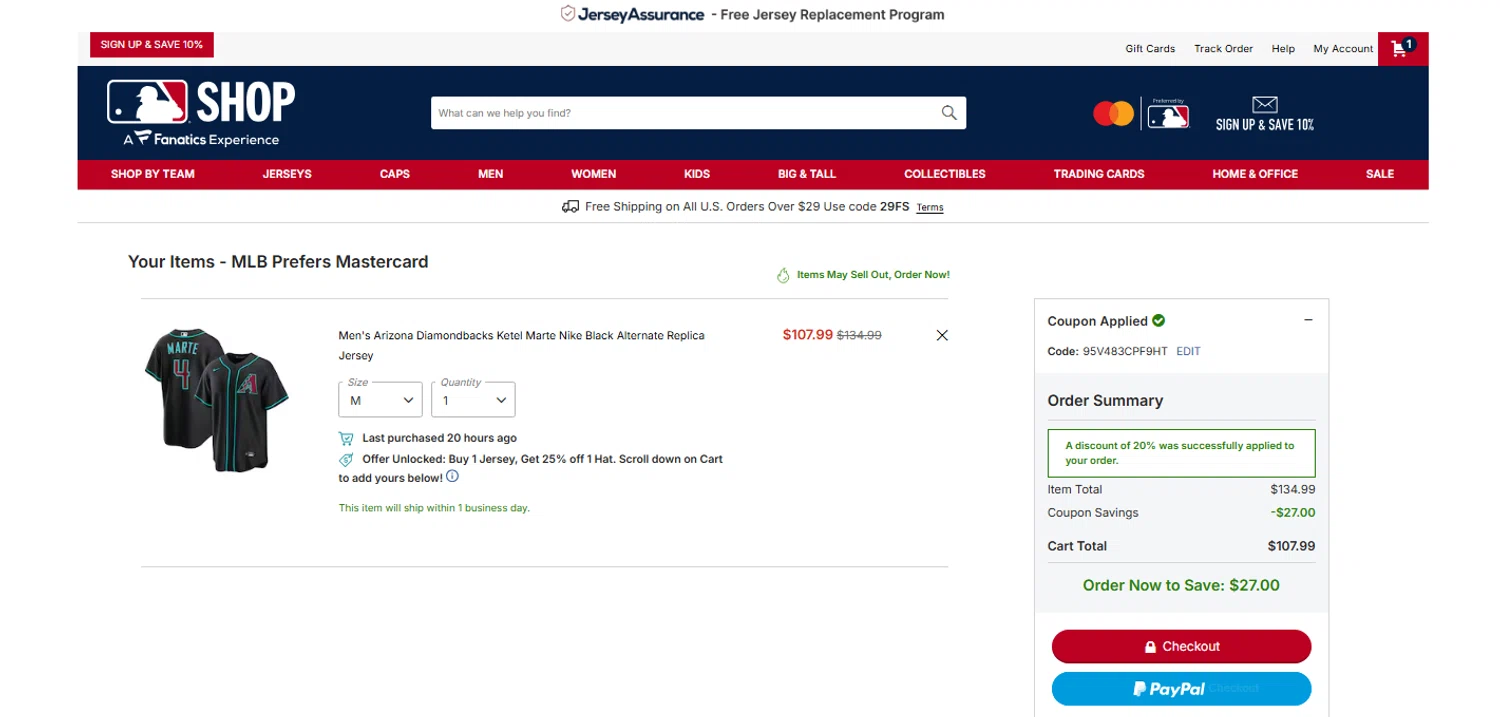MLBshop.com coupon code screenshot showing code 95V483CPF9HT applied at MLBshop.com checkout page. Uploaded by SimplyCodes community member OnlywM on Aug 28, 2025