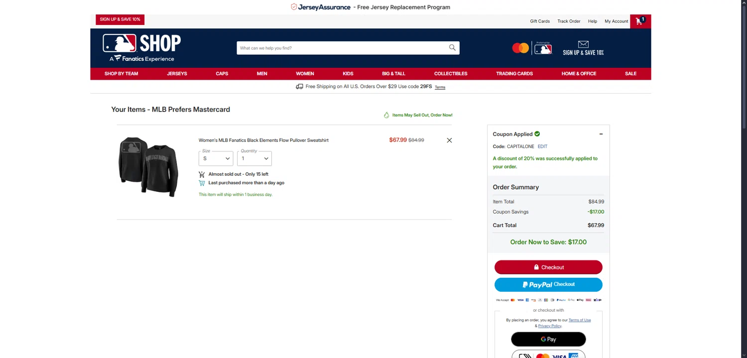 MLBshop.com coupon code screenshot showing code CAPITALONE applied at MLBshop.com checkout page. Uploaded by SimplyCodes community member User404 on Aug 28, 2025