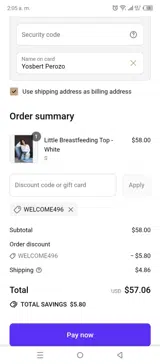 WELCOME496 coupon verification screenshot