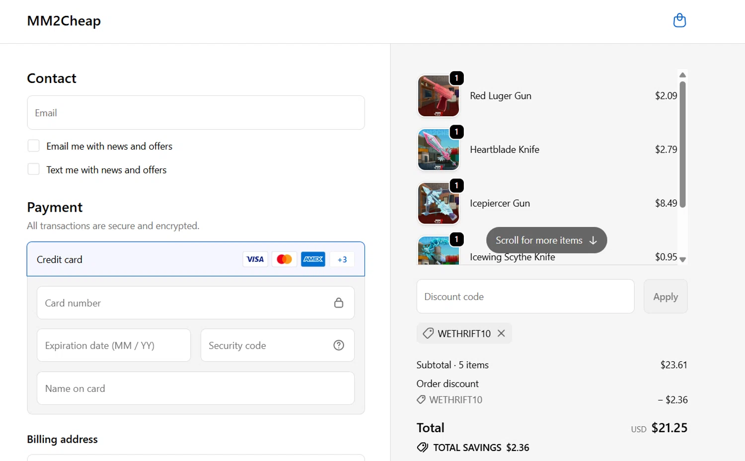 MM2Cheap promo code screenshot showing code WETHRIFT10 applied at MM2Cheap checkout page. Uploaded by SimplyCodes community member Gray_75 on Oct 6, 2025