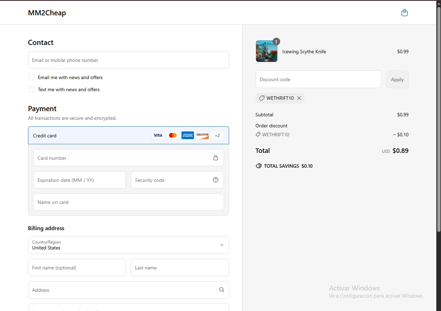 MM2Cheap promo code screenshot showing code WETHRIFT10 applied at MM2Cheap checkout page. Uploaded by SimplyCodes community member SavvyAdmiral5612 on Jun 18, 2025