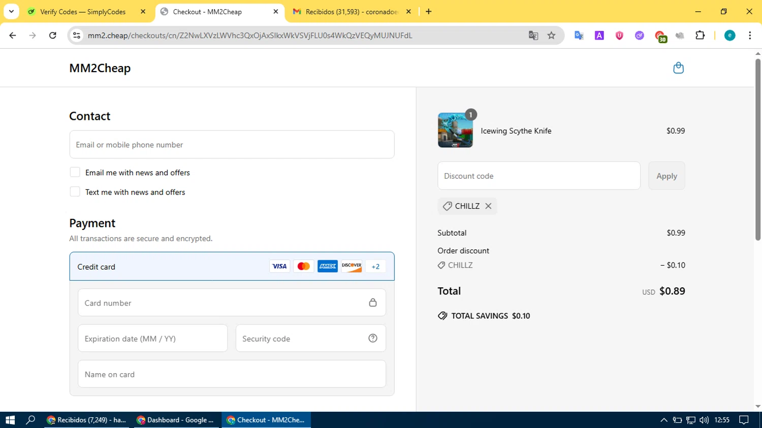 MM2Cheap promo code screenshot showing code CHILLZ applied at MM2Cheap checkout page. Uploaded by SimplyCodes community member BonusVoyager4214 on Jun 18, 2025