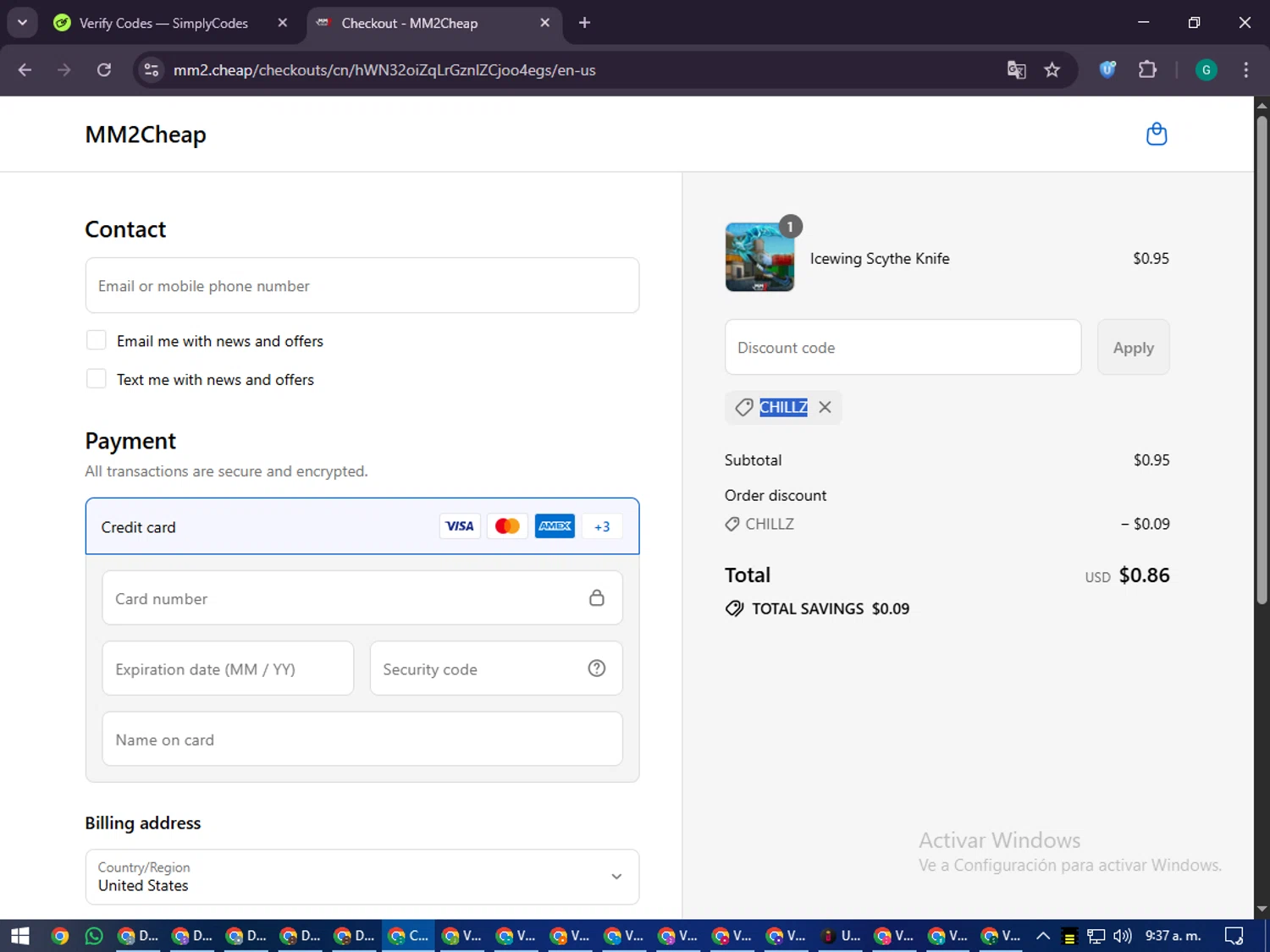 MM2Cheap promo code screenshot showing code CHILLZ applied at MM2Cheap checkout page. Uploaded by SimplyCodes community member PennyFinder5759 on Sep 16, 2025