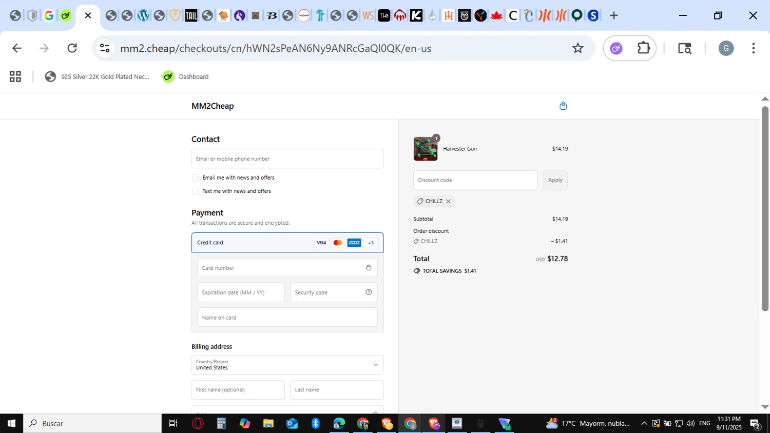 MM2Cheap promo code screenshot showing code CHILLZ applied at MM2Cheap checkout page. Uploaded by SimplyCodes community member guest_623525963 on Sep 12, 2025