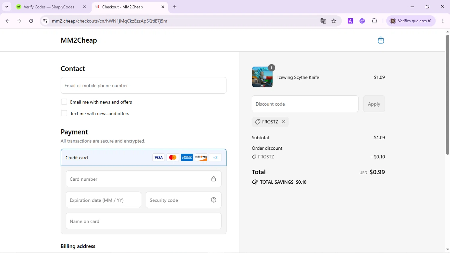 MM2Cheap promo code screenshot showing code FROSTZ applied at MM2Cheap checkout page. Uploaded by SimplyCodes community member QuestPhoenix2794 on Aug 12, 2025