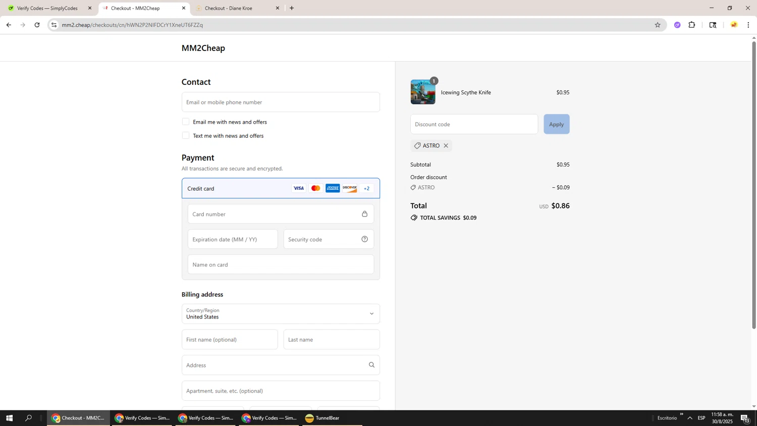 MM2Cheap promo code screenshot showing code ASTRO applied at MM2Cheap checkout page. Uploaded by SimplyCodes community member Richard251 on Aug 30, 2025