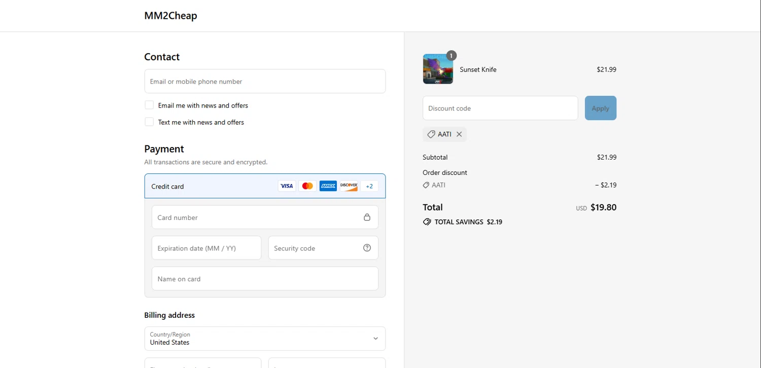 MM2Cheap promo code screenshot showing code AATI applied at MM2Cheap checkout page. Uploaded by SimplyCodes community member BrillianteMaestro892 on Aug 5, 2025