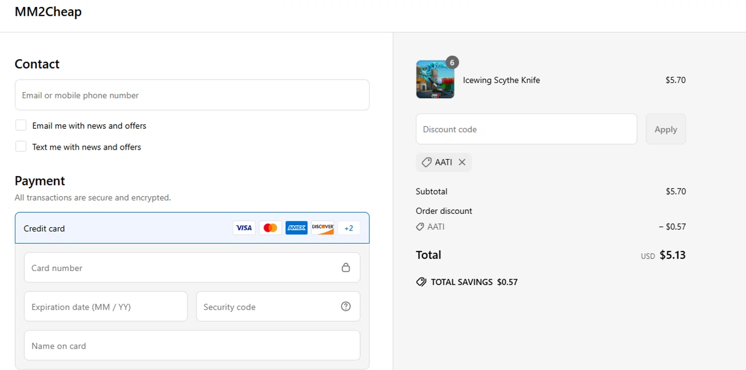 MM2Cheap promo code screenshot showing code AATI applied at MM2Cheap checkout page. Uploaded by SimplyCodes community member peachee on May 26, 2025