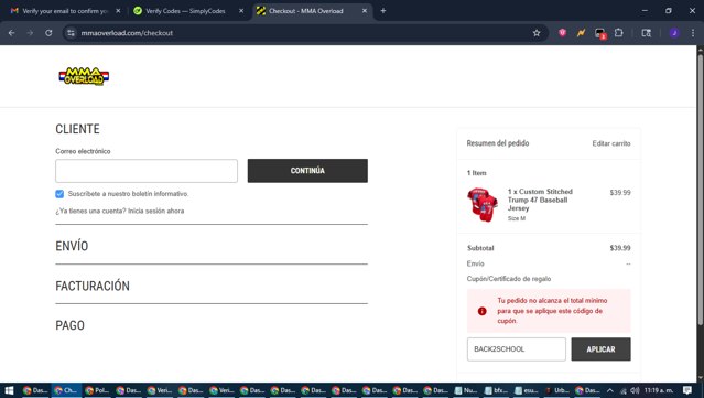 MMA Overload checkout page showing MMA Overload discount code box | Screenshot taken by SimplyCodes community member on Aug 8, 2025