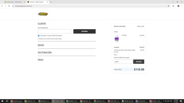 MMA Overload checkout page showing MMA Overload discount code box | Screenshot taken by SimplyCodes community member on Jul 7, 2025
