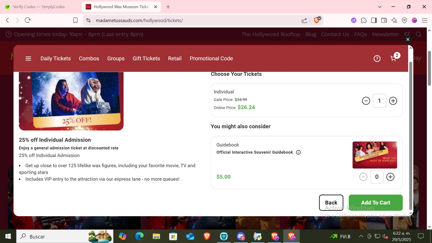 Madame Tussauds Las Vegas promo code screenshot showing code 1003 applied at Madame Tussauds Las Vegas checkout page. Uploaded by SimplyCodes community member CODMOBILE2 on May 29, 2025