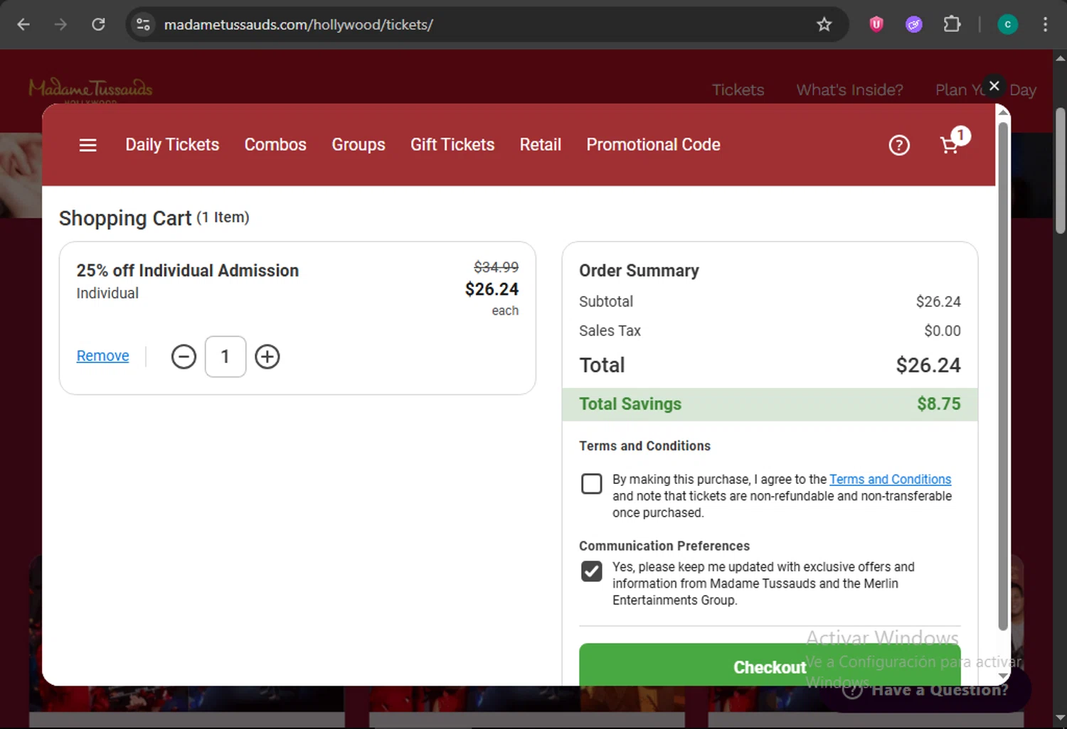 Madame Tussauds Las Vegas promo code screenshot showing code 1003 applied at Madame Tussauds Las Vegas checkout page. Uploaded by SimplyCodes community member WiseMonarch3906 on Jul 9, 2025