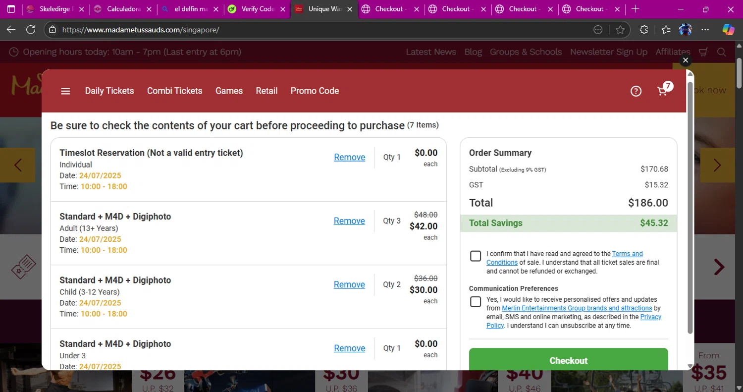 Madame Tussauds Las Vegas promo code screenshot showing code PREBOOK applied at Madame Tussauds Las Vegas checkout page. Uploaded by SimplyCodes community member Alichi04 on Jul 23, 2025