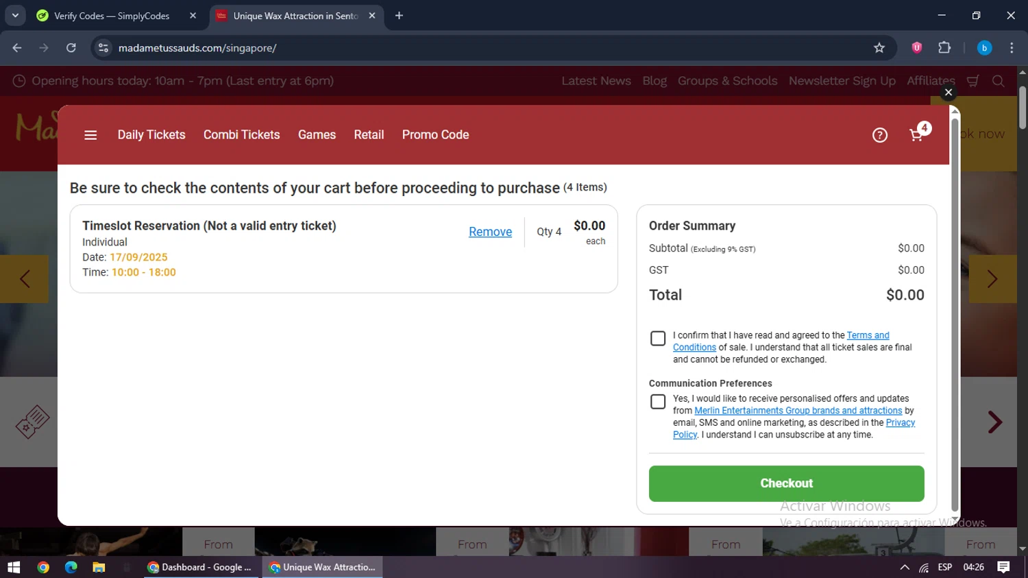 Madame Tussauds Las Vegas promo code screenshot showing code PREBOOK applied at Madame Tussauds Las Vegas checkout page. Uploaded by SimplyCodes community member bilijr on Aug 12, 2025