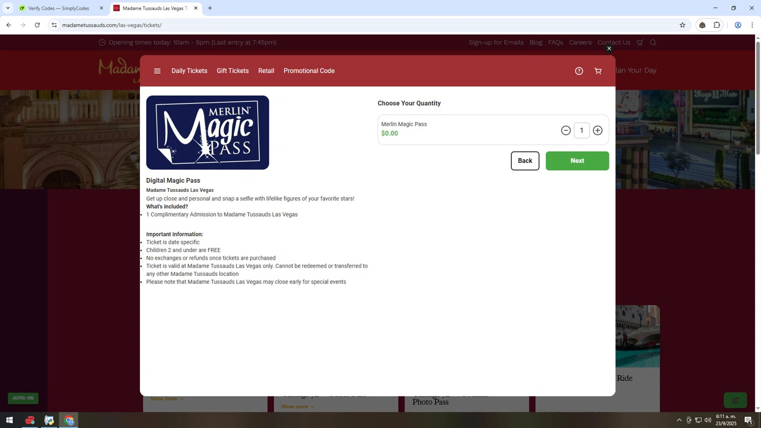 Madame Tussauds Las Vegas promo code screenshot showing code MMP applied at Madame Tussauds Las Vegas checkout page. Uploaded by SimplyCodes community member INSECTOS on Sep 23, 2025