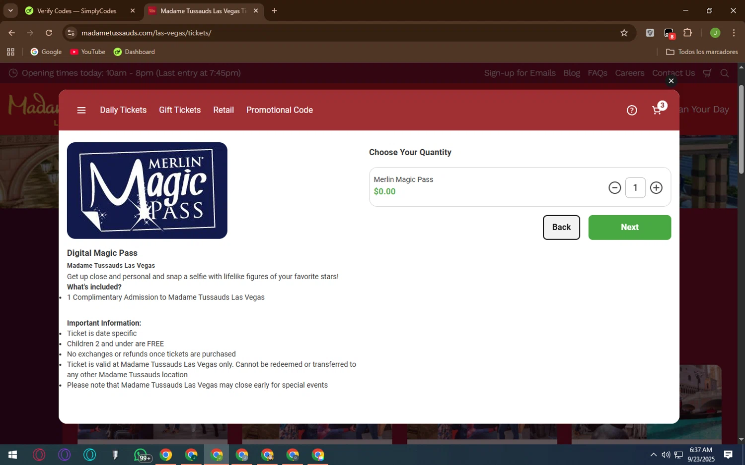 Madame Tussauds Las Vegas promo code screenshot showing code MMP applied at Madame Tussauds Las Vegas checkout page. Uploaded by SimplyCodes community member QueTeImporta on Sep 23, 2025