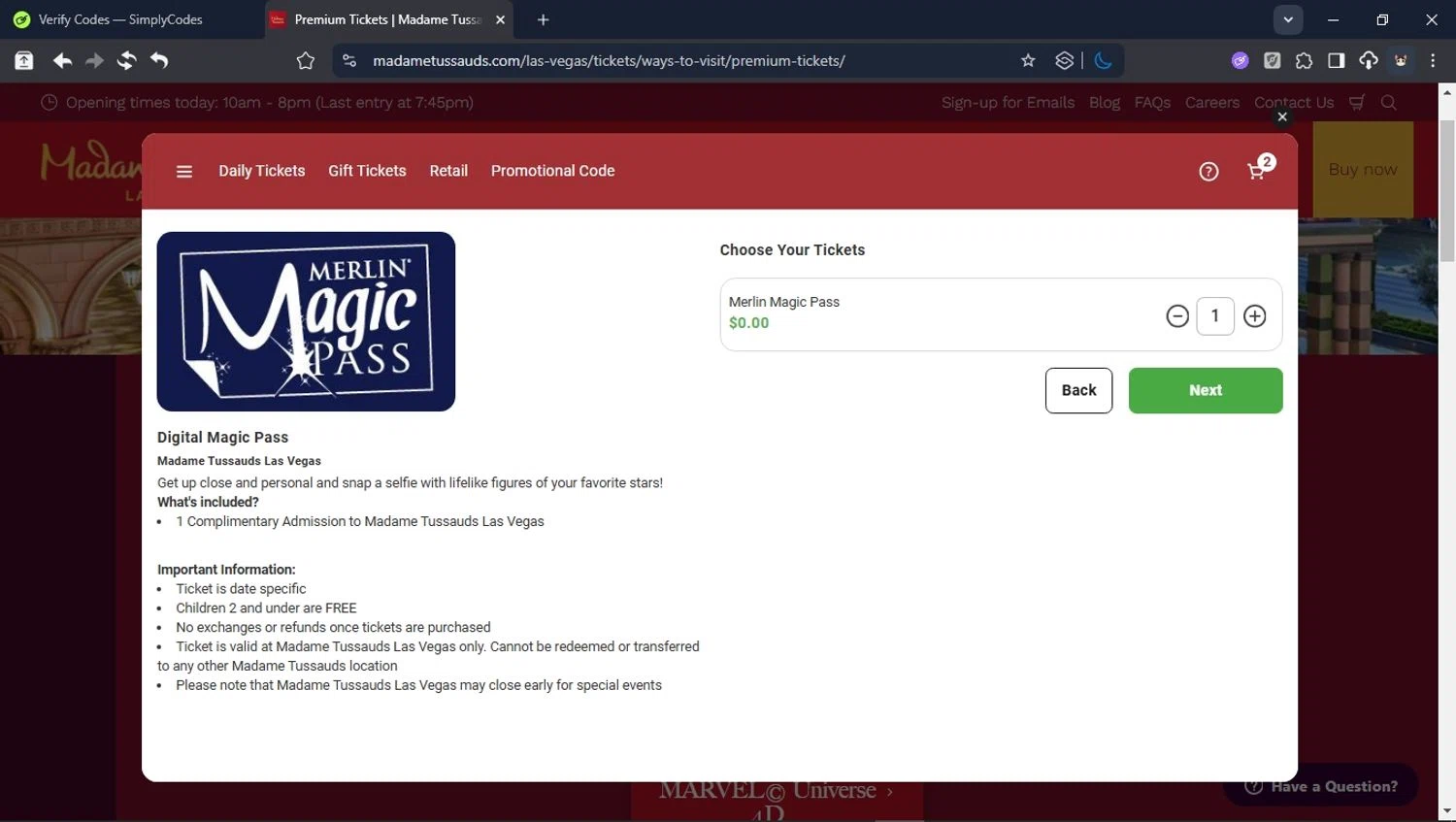 Madame Tussauds Las Vegas promo code screenshot showing code MMP applied at Madame Tussauds Las Vegas checkout page. Uploaded by SimplyCodes community member ValiantHunter5929 on Aug 25, 2025
