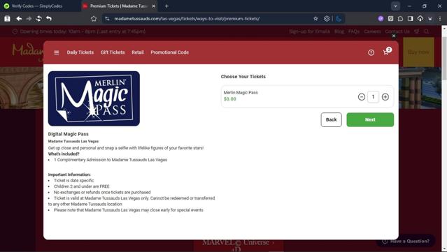 Madame Tussauds Las Vegas checkout page showing Madame Tussauds Las Vegas promo code box | Screenshot taken by SimplyCodes community member on Aug 25, 2025