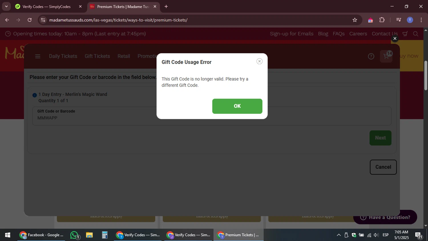 Madame Tussauds Las Vegas promo code screenshot showing code MMWAPP applied at Madame Tussauds Las Vegas checkout page. Uploaded by SimplyCodes community member snidertom8 on May 1, 2025