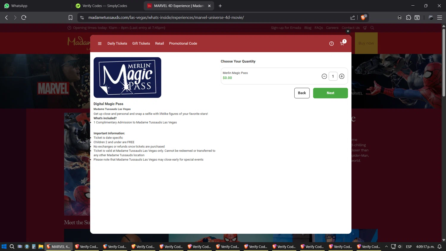 Madame Tussauds Las Vegas promo code screenshot showing code PARTNERMMP applied at Madame Tussauds Las Vegas checkout page. Uploaded by SimplyCodes community member SimplyGOAT on Oct 9, 2025