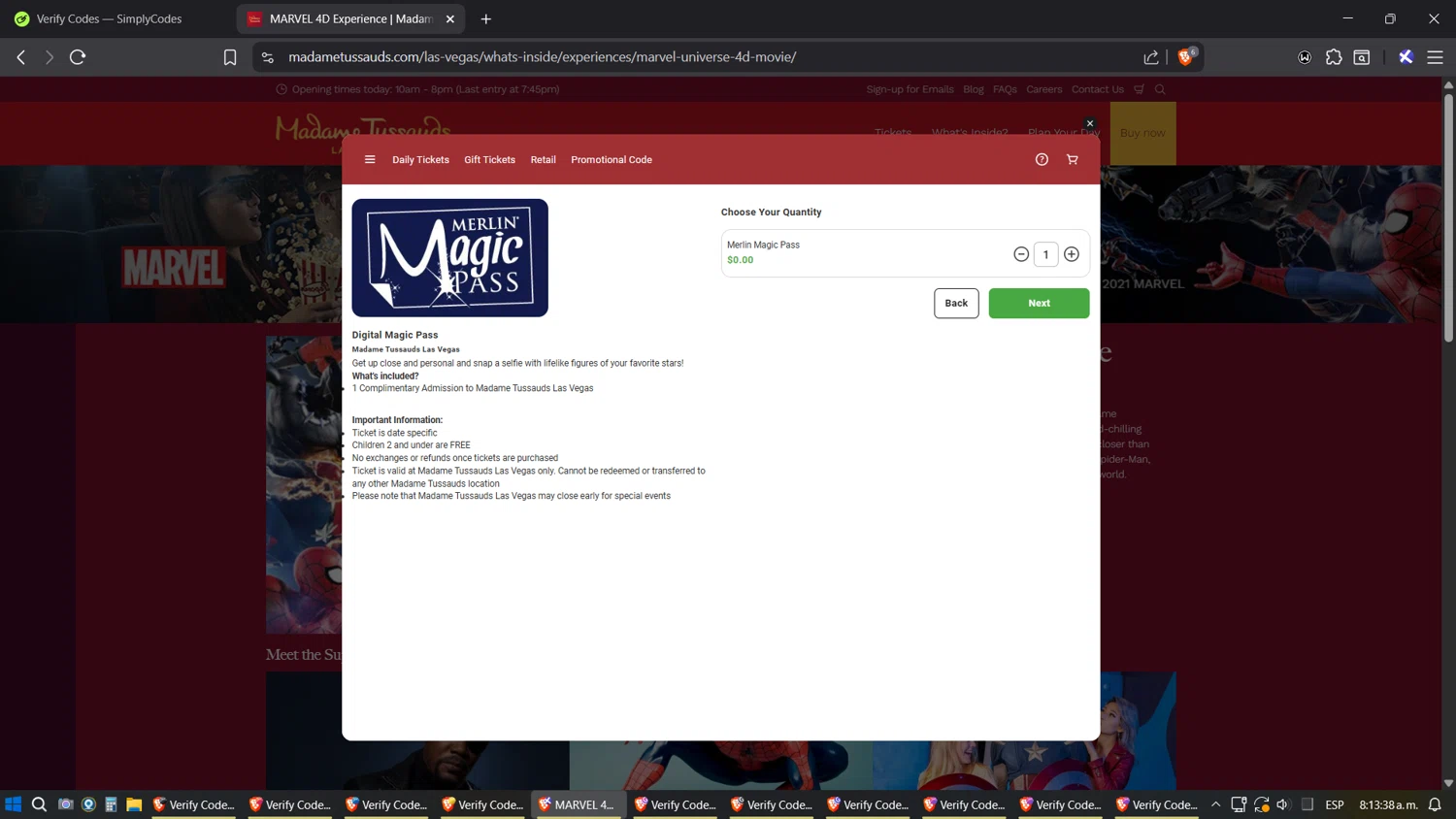Madame Tussauds Las Vegas promo code screenshot showing code PARTNERMMP applied at Madame Tussauds Las Vegas checkout page. Uploaded by SimplyCodes community member SoulPower on Sep 10, 2025