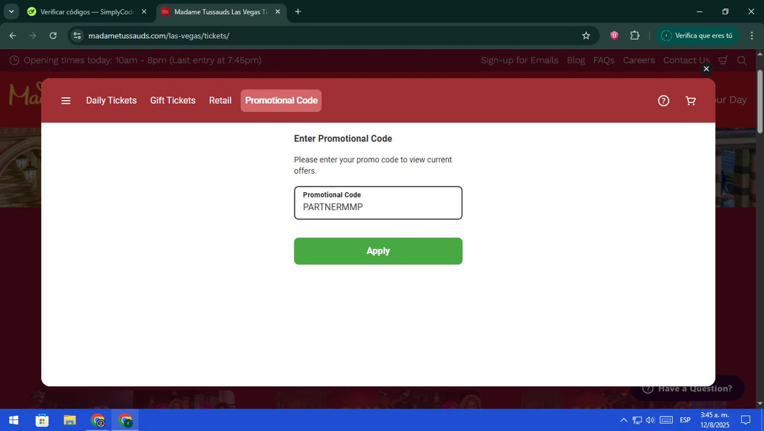 Madame Tussauds Las Vegas promo code screenshot showing code PARTNERMMP applied at Madame Tussauds Las Vegas checkout page. Uploaded by SimplyCodes community member rodri1 on Aug 12, 2025