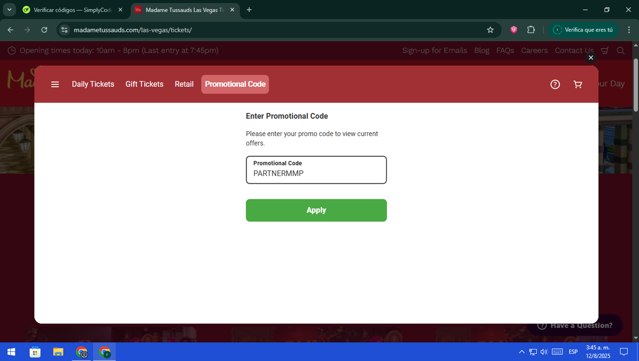 Madame Tussauds Las Vegas checkout page showing Madame Tussauds Las Vegas promo code box | Screenshot taken by SimplyCodes community member on Aug 12, 2025
