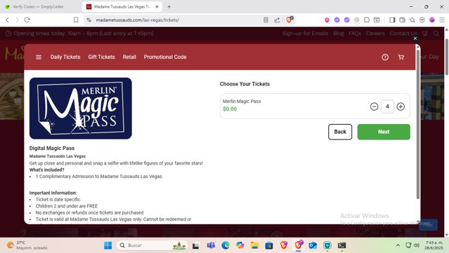 Madame Tussauds Las Vegas checkout page showing Madame Tussauds Las Vegas promo code box | Screenshot taken by SimplyCodes community member on Jun 28, 2025