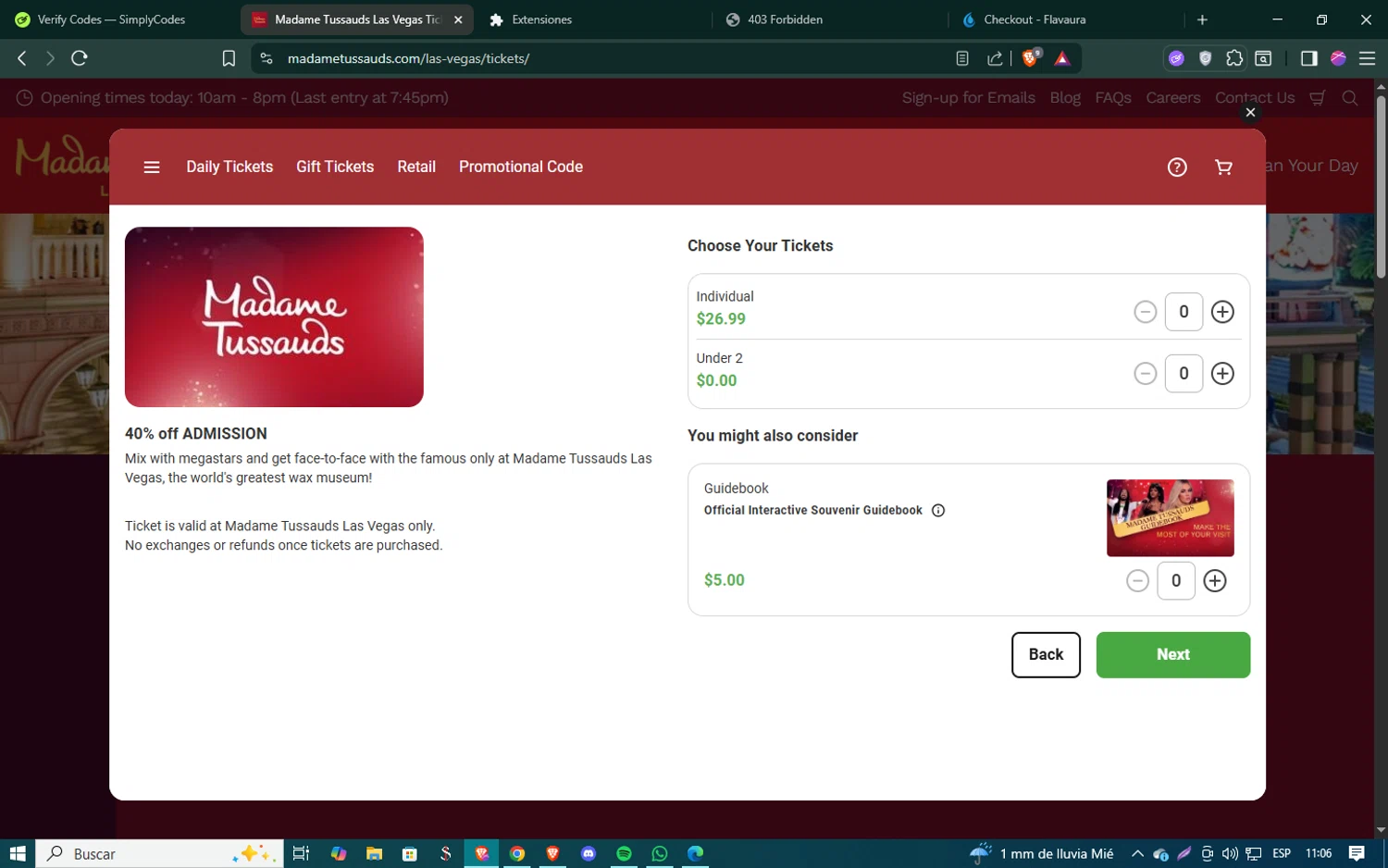 Madame Tussauds Las Vegas promo code screenshot showing code 259910 applied at Madame Tussauds Las Vegas checkout page. Uploaded by SimplyCodes community member SmartSaver5448 on Jul 18, 2025