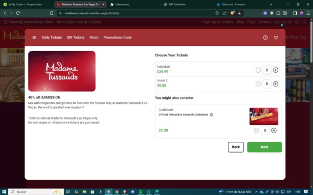Madame Tussauds Las Vegas checkout page showing Madame Tussauds Las Vegas promo code box | Screenshot taken by SimplyCodes community member on Jul 18, 2025