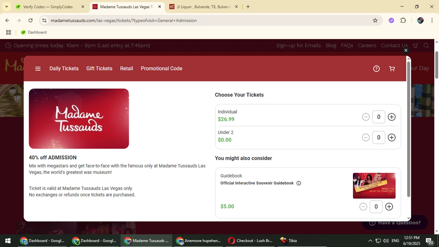 Madame Tussauds Las Vegas promo code screenshot showing code 259910 applied at Madame Tussauds Las Vegas checkout page. Uploaded by SimplyCodes community member Typhlosion on Jun 19, 2025