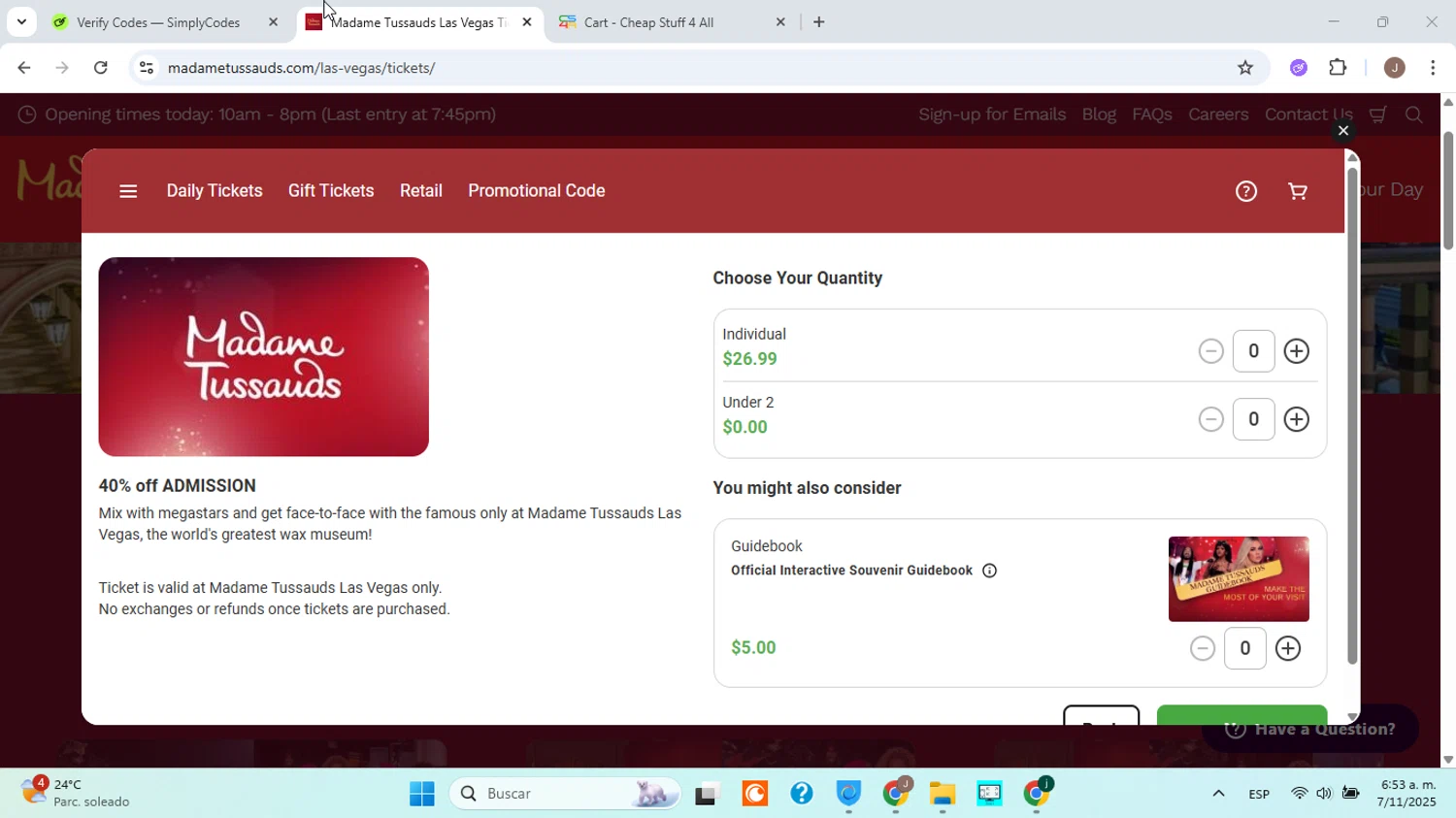 Madame Tussauds Las Vegas promo code screenshot showing code 259910 applied at Madame Tussauds Las Vegas checkout page. Uploaded by SimplyCodes community member jorgejavierherrera on Nov 7, 2025