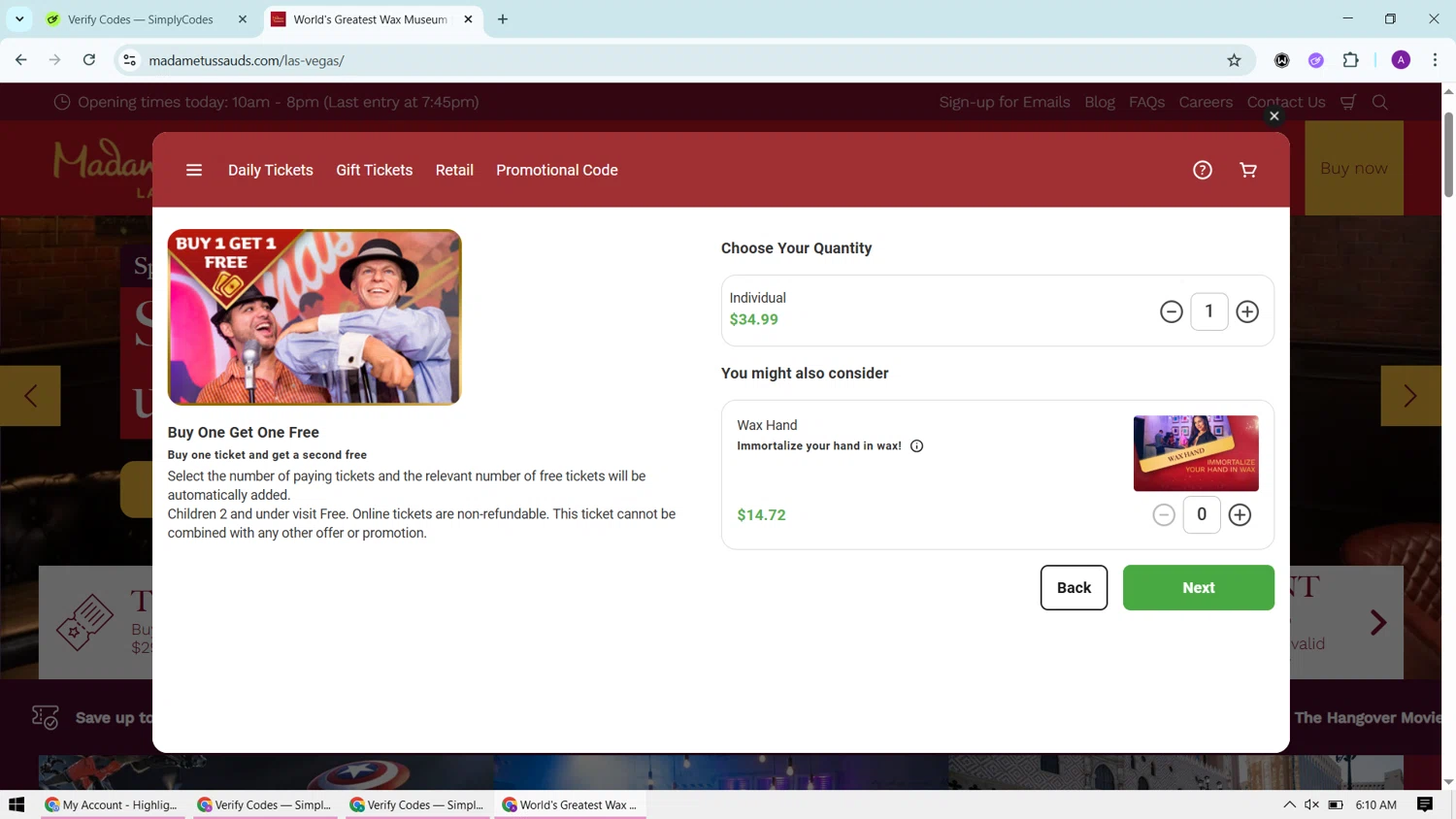 Madame Tussauds Las Vegas checkout page showing Madame Tussauds Las Vegas promo code box | Screenshot taken by SimplyCodes community member on Jan 5, 2026