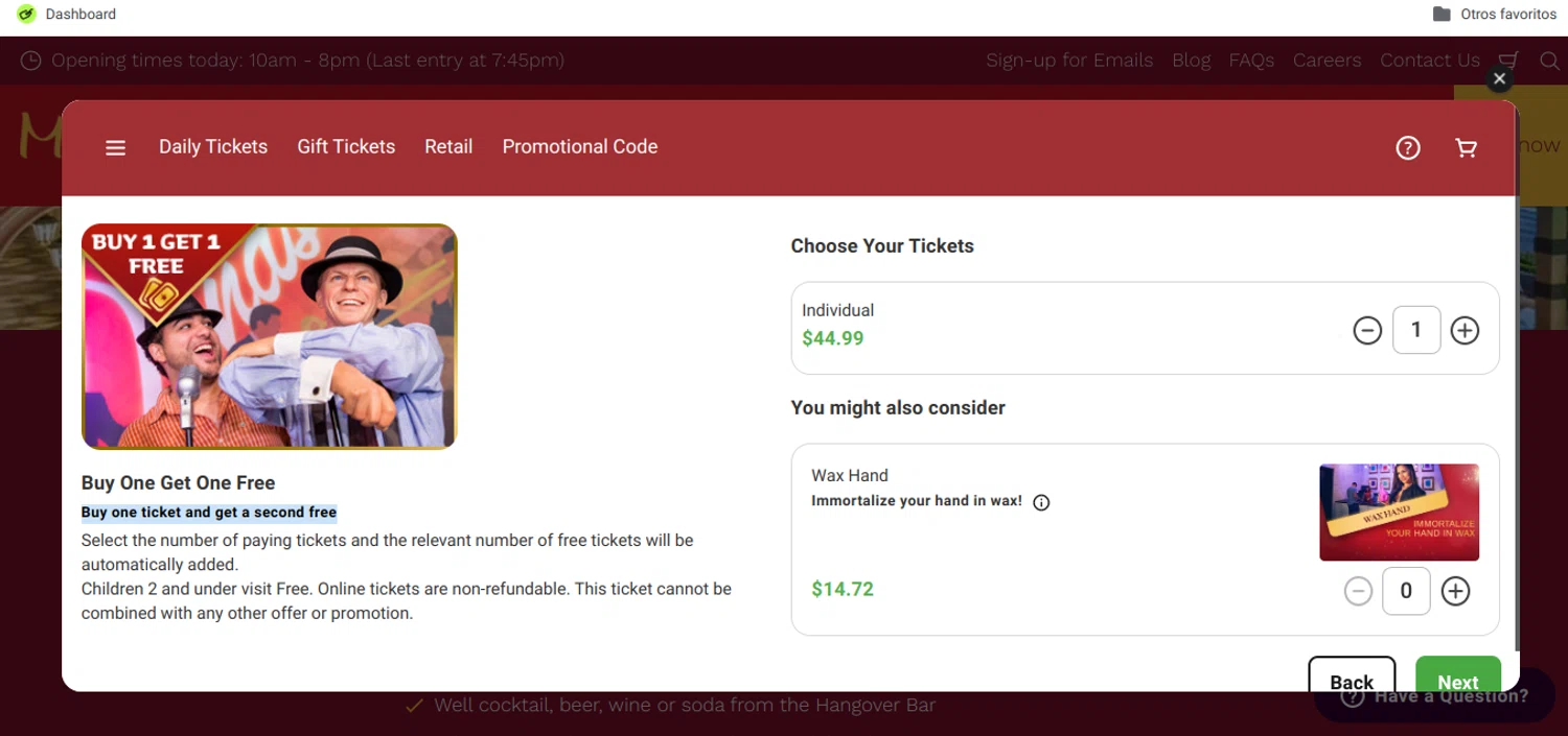 Madame Tussauds Las Vegas promo code screenshot showing code 259908 applied at Madame Tussauds Las Vegas checkout page. Uploaded by SimplyCodes community member Speedy on Jul 15, 2025