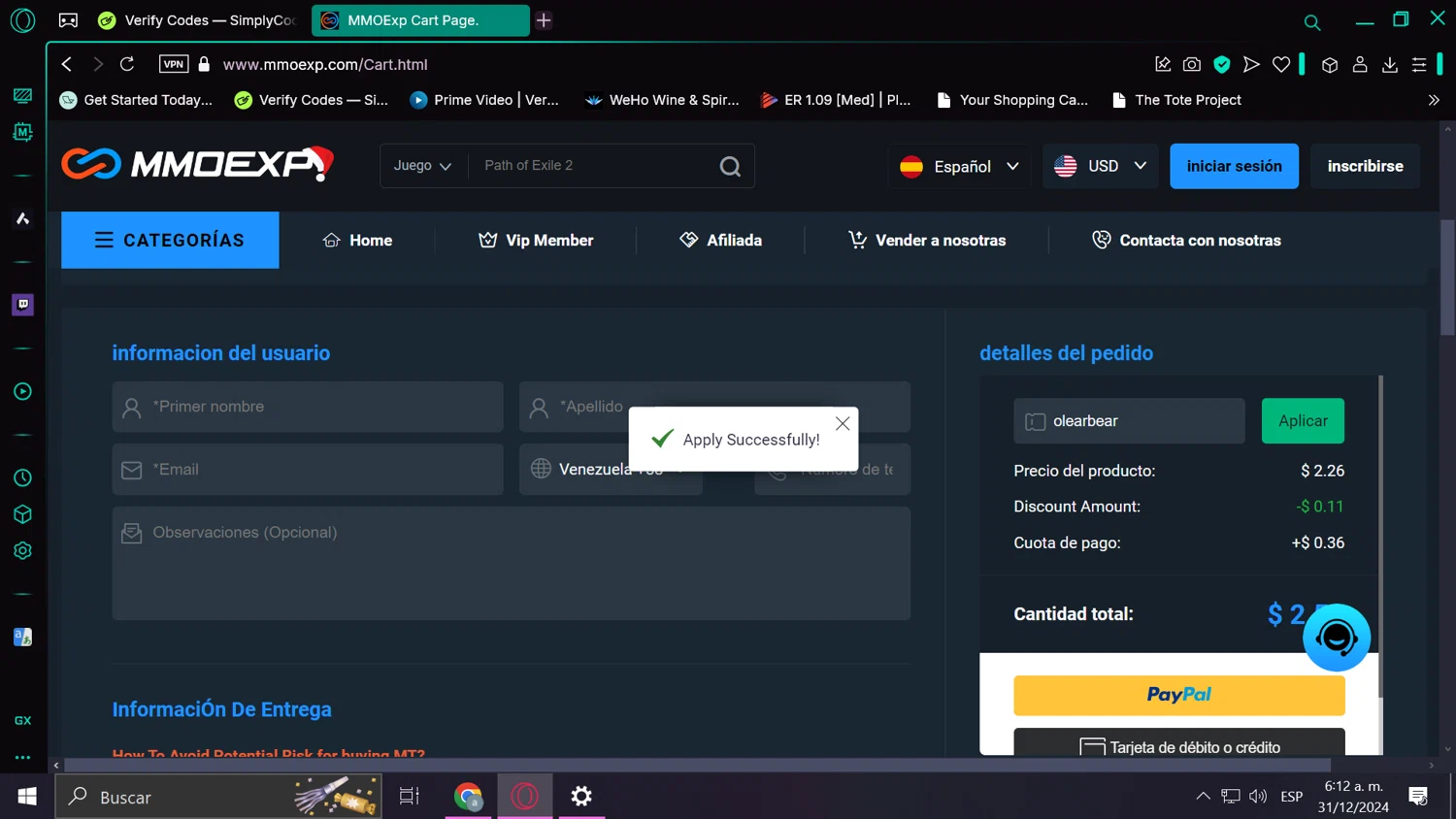 MMOExp coupon code screenshot showing code olearbear applied at MMOExp checkout page. Uploaded by SimplyCodes community member Anderson on Dec 31, 2024